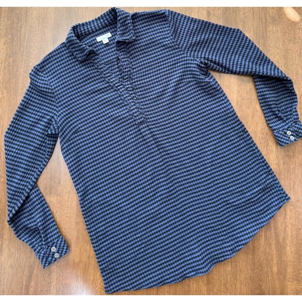 J. Jill Women XS Blue Black Check Gauzy Top Long Sleeve Pullover Preppy Comfort